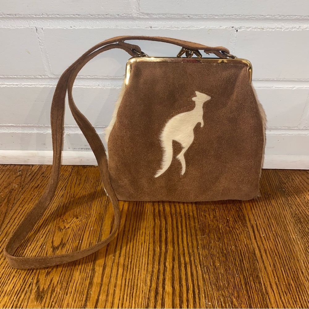 VTG Lispeer Genuine Kangaroo Fur Mini Crossbody Tan + White Hinged Purse